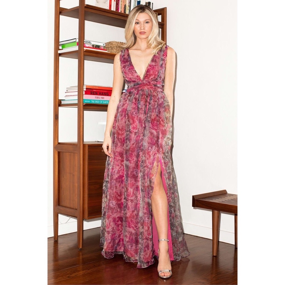 Lulus Garden Romance Magenta Floral Print Organza Maxi Dress Small NWT